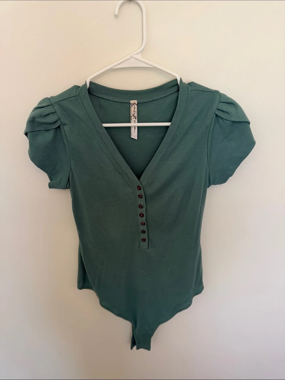 Free People Forest Green V-Neck Button-Front Bodysuit